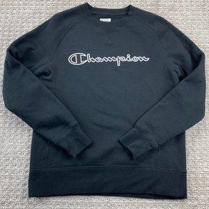 Champion Sweater Men Small S Black Crew Neck Pullover Sweatshirt Spell Out Logo